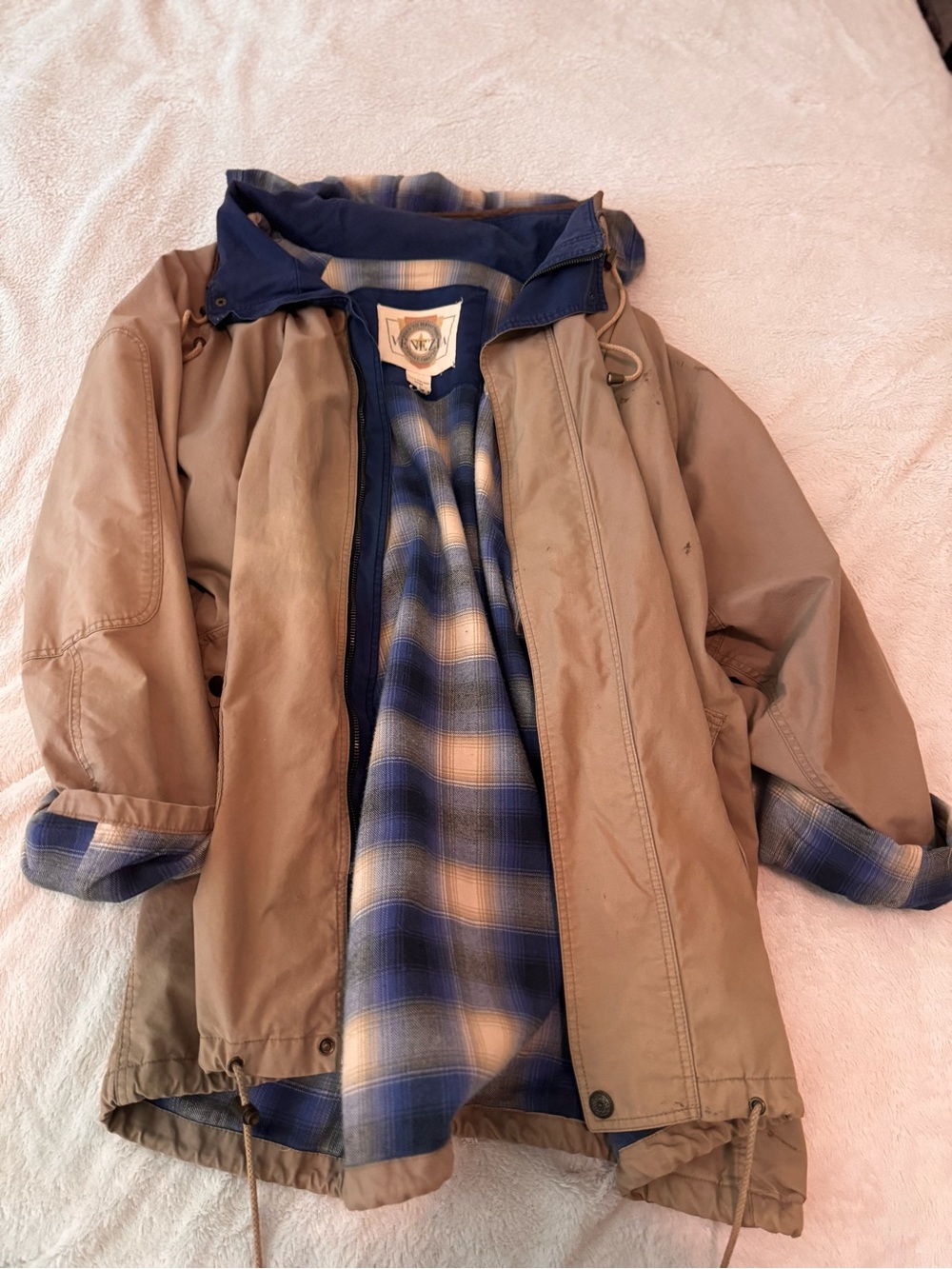 Vintage Venezia Blue and Tan Plaid-Lined Jacket